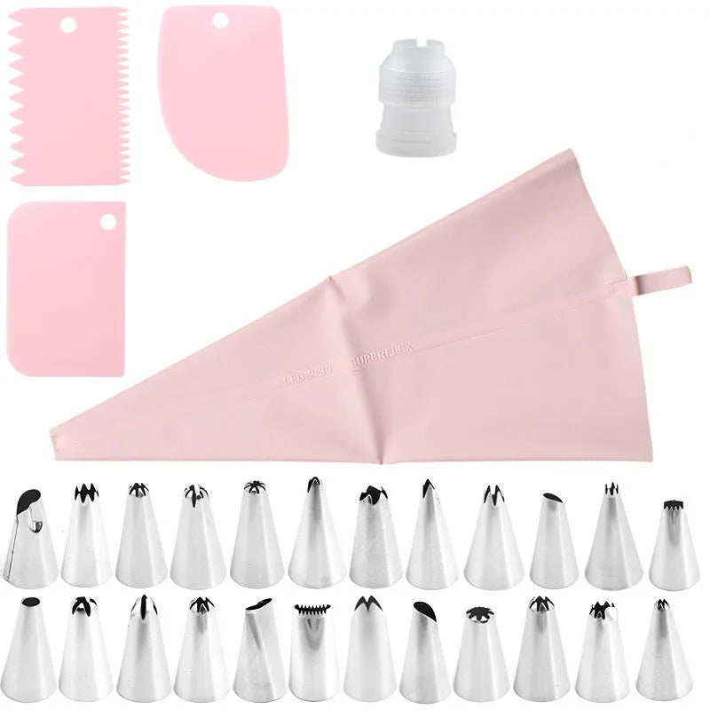 Ensemble 29 pièces Poche à Douille Professionnelle avec Douilles de Formes Variées Couleur Rose